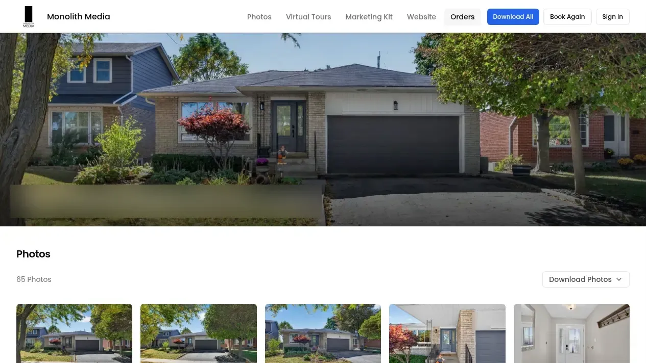 A Monolith Media delivery portal: branded gallery header with Download All and Book Again buttons, a hero exterior photo and the first row of 65 photos