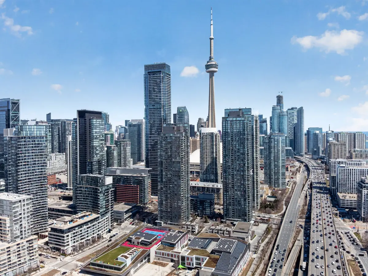 Aerial view of downtown Toronto with the CN Tower and the Gardiner Expressway