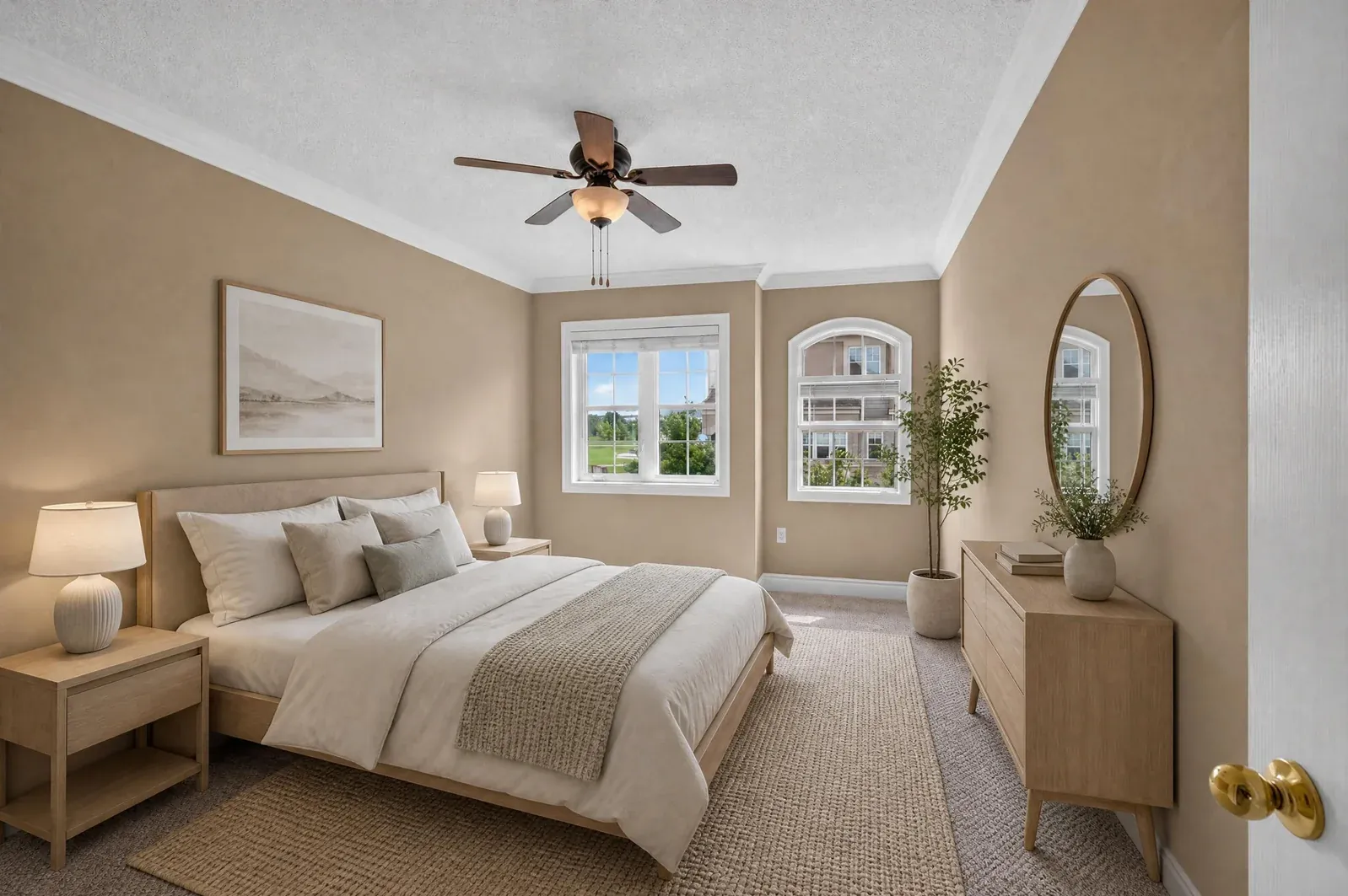 The same bedroom virtually staged with a bed, nightstands with lamps, a dresser, a rug and wall art