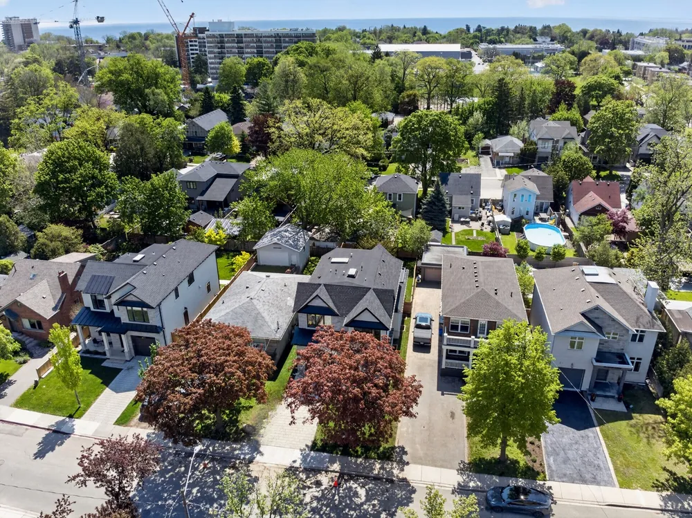 Aerial view of a tree-lined residential street with the lake on the horizon